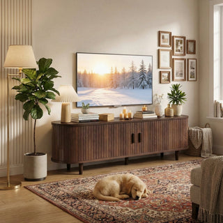 Easoger 58" Sliding Door TV Stand with Charging Station, Fluted Vertical Grille Wood Entertainment Center, Curved Oval Shape Storage Cabinet,Brown
