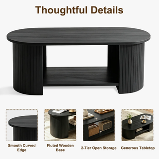 Easoger 42.5" Oval Coffee Table with 2-Tier Storage, Mid-Century Modern Center Table with Fluted Pedestal Base, Wooden Side Table for Living Room, Home Office,Black