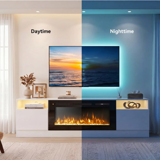 Easoger 80” Fireplace TV Stand for TVs up to 90", TV Stand with 36'' Electric Fireplace, LED Lights Entertainment Center, TV Console,White