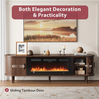 Easoger 70" Fluted Fireplace TV Stand, Mid Century Modern Entertainment Center with 36" Electric Fireplace for TVs up to 75", Media Console with Sliding Doors & Solid Wood Legs for Living Room.Walnut