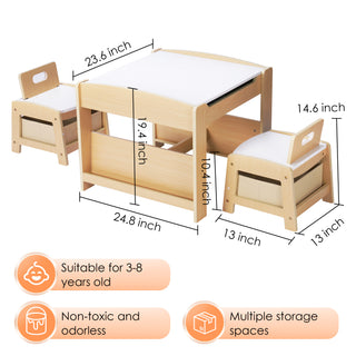 Kids Table and Chair Set,2 in 1 Detachable Tabletop Construction Play Table Set for Drawing, Reading,Build Blocks,with Bookshelves and Storage Drawer,Brown White