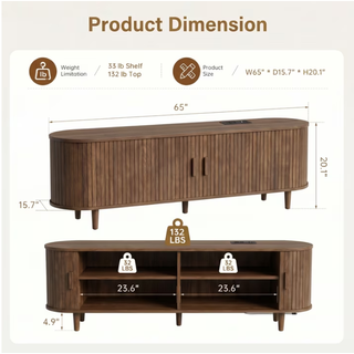 Easoger 65" Sliding Door TV Stand with Charging Station, Fluted Vertical Grille Wood Entertainment Center, Curved Oval Shape Storage Cabinet,Walnut