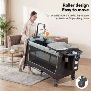 EVMORE Foldable Baby Bedside Bassinet, 5-in-1 Baby Bed Playard with Changing Table, Storage Shelf, Music for Newborn Toddlers, 0-36 Months