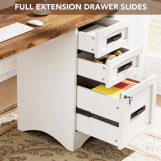 Easoger 67" L-Shaped Desk with Charging Station & Storage, Farmhouse Executive Office Desk with 4 Drawers & Locking File Cabinet, USB/Type-C Ports, White & Brown