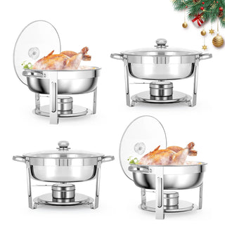 5 QT Chafing Dishes, 4 Pack Premium Stainless Steel Complete Set, Round Chafing Dish Buffet Set, Heating and Cooling Chafing Dish for Gatherings Banquets, Buffets, Parties, Weddings