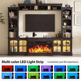 Easoger 98" Wall Unit Entertainment Center with 3-Sided Electric Fireplace, Farmhouse TV Stand for TVs Up to 70", Large Storage with Glass Doors & Shelves, Black