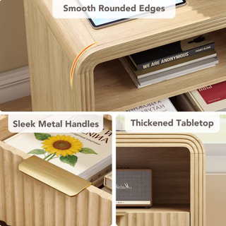 Easoger Set of 2 Fluted Nightstand with Charging Station, 19.7" Wide Bedside Table with USB & Type-C Ports, 2 Drawers & Open Shelf, Curved Oak End Table for Bedroom