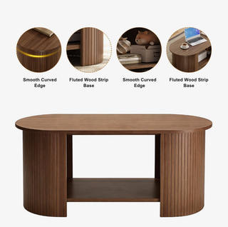 Easoger 42.5" Oval Coffee Table with 2-Tier Storage, Mid-Century Modern Center Table with Fluted Pedestal Base, Wooden Side Table for Living Room, Home Office,Walnut