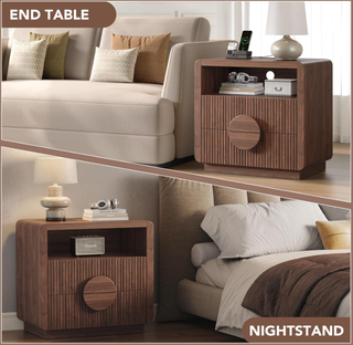 Easoger Set of 2 Nightstand with Charging Station, 23" H 2-Drawer Side Table with USB & Type-C Ports, Slatted Wood End Table for Bedroom Living Room Office, Walnut