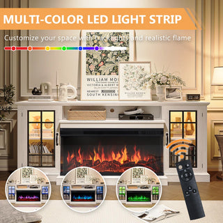 Easoger 80" Fireplace TV Stand with 3-Sided Glass Electric Fireplace, 12 Flame Colors + 12 LED Backlight Colors, Holds TV up to 88", White