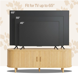 Easoger 58" Sliding Door TV Stand with Charging Station, Fluted Vertical Grille Wood Entertainment Center, Curved Oval Shape Storage Cabinet,Oak