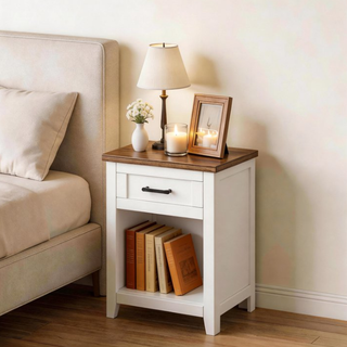 Easoger Farmhouse Nightstand Set of 2 with Charging Station & Large Storage, End Tables with Outlets & USB Ports for Bedroom,Walnut+White