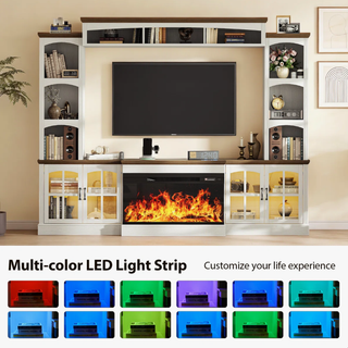 Easoger 98" Wall Unit Entertainment Center with 3-Sided Electric Fireplace, Farmhouse TV Stand for TVs Up to 70", Large Storage with Glass Doors & Shelves, White+Light Walnut