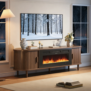Easoger 80 inch Electric Fireplace TV Stand for 90 inch TVs, Modern Entertainment Center with Storage Shelves, Remote Control Adjustable Flame & Heat for Living Room,Walnut