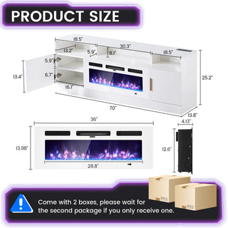 Easoger 70" Fireplace TV Stand, Gaming Media Console with 12 Color LED Backlights & 3 Outlets, Storage Shelves & Cabinets, White