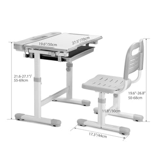 Kids Desk and Chair Set Height Adjustable School Study Desk and Chair with 55° Tiltable Desktop, 3 Modes&3 Brightness LED Lamps, Storage Drawer and Metal Hook for Boys Girls, Grey