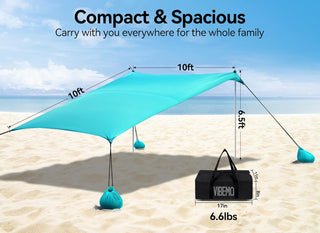 vibemo Beach Tent, Camping Sun Shelter 10 x 10ft, with 4 Sandbags, UPF50+, Includes Sand Shovel, Ground Pegs & Stability Poles, Pop Up Beach Canopy Sunshade for Fishing, Backyard Fun or Picnics