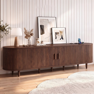 Easoger 90" Curved Oval Sliding Door TV Stand with Built-in Charging Station, Fits Up to 100 Inch TV , for Living Room Bedroom,Walnut
