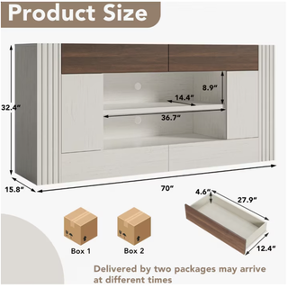 Easoger 70" Farmhouse TV Stand, Entertainment Center for TVs up to 80", with Large Cabinets & Open Shelves, White