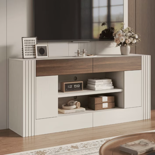 Easoger 70" Farmhouse TV Stand, Entertainment Center for TVs up to 80", with Large Cabinets & Open Shelves, White