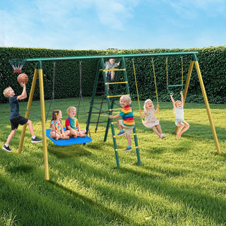 Metal Swing Sets for Backyard,Heavy-Duty Outdoor Kids Playsets for Playground,Outside Toys with 2 Swings,Trapeze Bar and Basketball Hoop for Aged 3-12