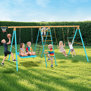Swing Sets for Outdoor, 6 in 1 Heavy-Duty Metal Swing Sets, Kids Swing Sets for Backyard with with 2 Swings,Trapeze Bar and Basketball Hoop for Aged 3-12