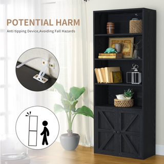 Easoger 6 Shelf Bookcase with Doors 71in Tall Bookshelf, Wooden Bookshelves with Cabinet Doors for Home Office, Black