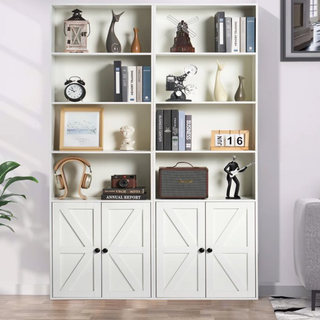 Easoger 6-Tier Barn Door Bookshelf with Hidden Storage, Tall Narrow Bookcase with Magnetic Lock, 71" Freestanding Display Shelf for Living Room, Study, Bedroom（White single）