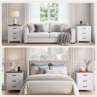 Easoger Set of 2 Farmhouse 3-Drawer Nightstands with Charging Station & USB-C, 18" Wide Rustic White Wood Bedside Table for Bedroom