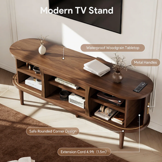 Easoger 58" Mid Century TV Stand for TVs up to 65", Entertainment Center with Power Outlet, Fluted Sliding Doors & Adjustable Shelves, Natural Media Console for Living Room