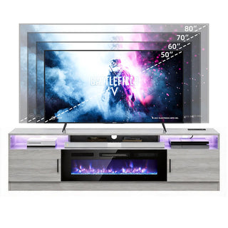 Easoger 70" Fireplace TV Stand, Gaming Media Console with 12 Color LED Backlights & 3 Outlets, Storage Shelves & Cabinets, Grey