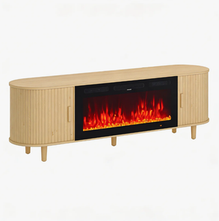 Easoger 70" Fluted Fireplace TV Stand, Mid Century Modern Entertainment Center with 36" Electric Fireplace for TVs up to 75", Console with Sliding Doors & Solid Wood Legs for Living Room,Oak