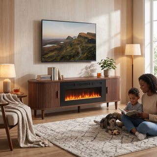 Easoger 70" Fluted Fireplace TV Stand, Mid Century Modern Entertainment Center with 36" Electric Fireplace for TVs up to 75", Media Console with Sliding Doors & Solid Wood Legs for Living Room.Walnut