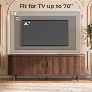 Easoger 65" Sliding Door TV Stand with Charging Station, Fluted Vertical Grille Wood Entertainment Center, Curved Oval Shape Storage Cabinet,Walnut