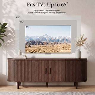 Easoger 58" Sliding Door TV Stand with Charging Station, Fluted Vertical Grille Wood Entertainment Center, Curved Oval Shape Storage Cabinet,Brown