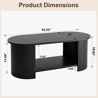 Easoger 42.5" Oval Coffee Table with 2-Tier Storage, Mid-Century Modern Center Table with Fluted Pedestal Base, Wooden Side Table for Living Room, Home Office,Black