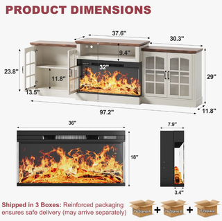Easoger 97" TV Stand with Electric Fireplace, 3-Sided Glass Display Media Console for Over 100" TVs, Large Storage with Glass Doors & Shelves, LED Backlight, White + Light Walnut