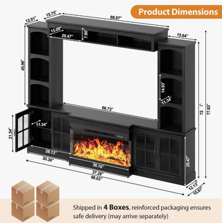 Easoger 98" Wall Unit Entertainment Center with 3-Sided Electric Fireplace, Farmhouse TV Stand for TVs Up to 70", Large Storage with Glass Doors & Shelves, Black