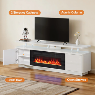 Easoger 70" 2-Tier TV Stand with 36" Electric Fireplace, Modern Entertainment Center with LED Lights & Acrylic Legs, Media Console for TVs up to 80" for Living Room,White