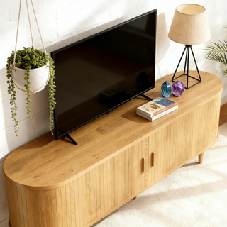 Easoger 58" Sliding Door TV Stand with Charging Station, Fluted Vertical Grille Wood Entertainment Center, Curved Oval Shape Storage Cabinet,Oak