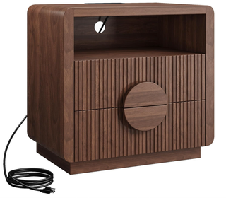 Easoger Set of 2 Nightstand with Charging Station, 23" H 2-Drawer Side Table with USB & Type-C Ports, Slatted Wood End Table for Bedroom Living Room Office, Walnut