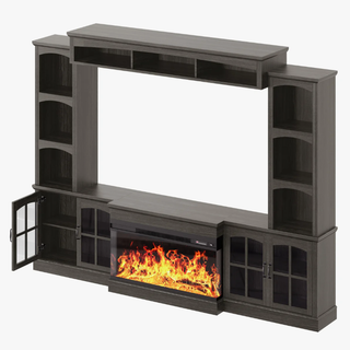Easoger 98" Wall Unit Entertainment Center with 3-Sided Electric Fireplace, Farmhouse TV Stand for TVs Up to 70", Large Storage with Glass Doors & Shelves, Gray