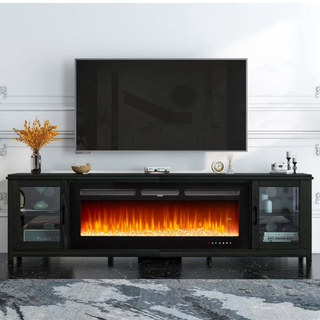 Easoger Fireplace TV Stand for TVs up to 90", 80" TV Stand with 50" Electric Fireplace, Entertainment Center with Glass Doors, Black