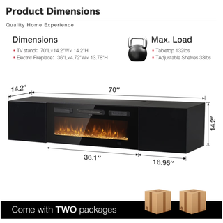 Easoger Floating TV Stand with 36" Electric Fireplace, Wall Mounted Fireplace Entertainment Center with Storage for TVs Up to 80", Adjustable Partition, Black/White (All Black)