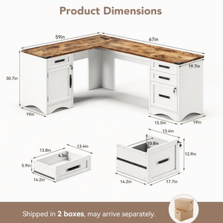 Easoger 67" L-Shaped Desk with Charging Station & Storage, Farmhouse Executive Office Desk with 4 Drawers & Locking File Cabinet, USB/Type-C Ports, White & Brown