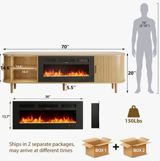 Easoger 70" Fluted Fireplace TV Stand, Mid Century Modern Entertainment Center with 36" Electric Fireplace for TVs up to 75", Console with Sliding Doors & Solid Wood Legs for Living Room,Oak
