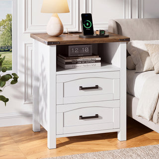 Easoger Farmhouse Nightstand with Charging Station, 18" Wide Rustic End Table with USB/Type-C Ports & 2 Drawers for Bedroom, White+Walnut