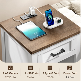 Easoger Farmhouse Nightstand Set of 2 with Charging Station & Large Storage, End Tables with Outlets & USB Ports for Bedroom,Walnut+White