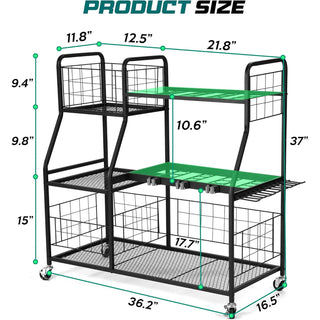 3 - Tier Garden Tool Organizer with Wheels and Extra Storage Basket - Ideal for Shed, Garage, Garden, Yard, and Lawn