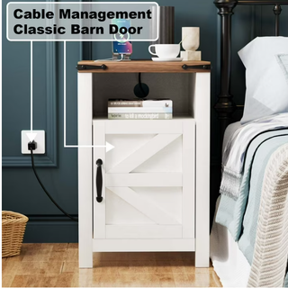 Easoger Nightstand with Charging Station 2-Piece Set, Farmhouse End Table with Barn Door &Storage Space for Livingroom and Bedroom, White